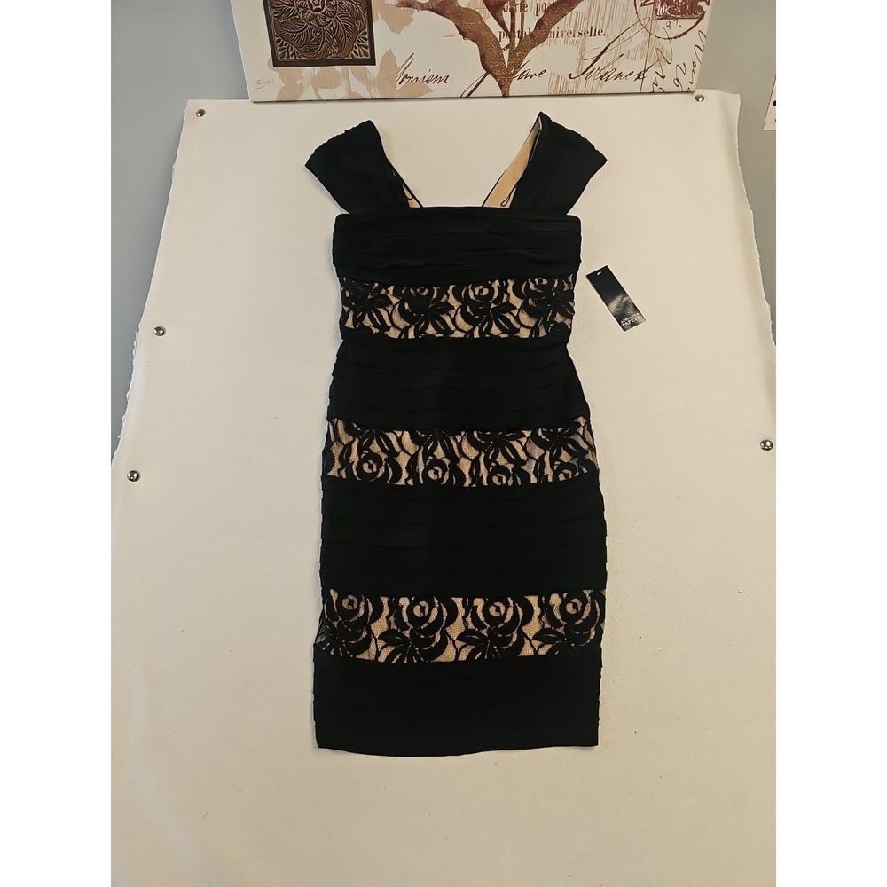 ADRIANNA PAPELL | Black Lace Paneled Midi Party Dress size 8 Zip New